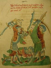 Roland et turpin a la fin de la bataille de roncevaux dans karl der grosse du stricker vers 1440 